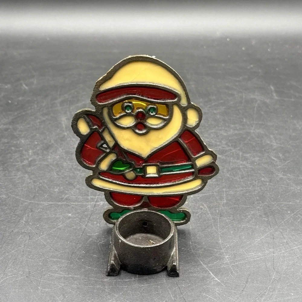 Vtg Tiffany-Style Glo Candle Smile Santa Claus Christmas Tealight Candle Holder